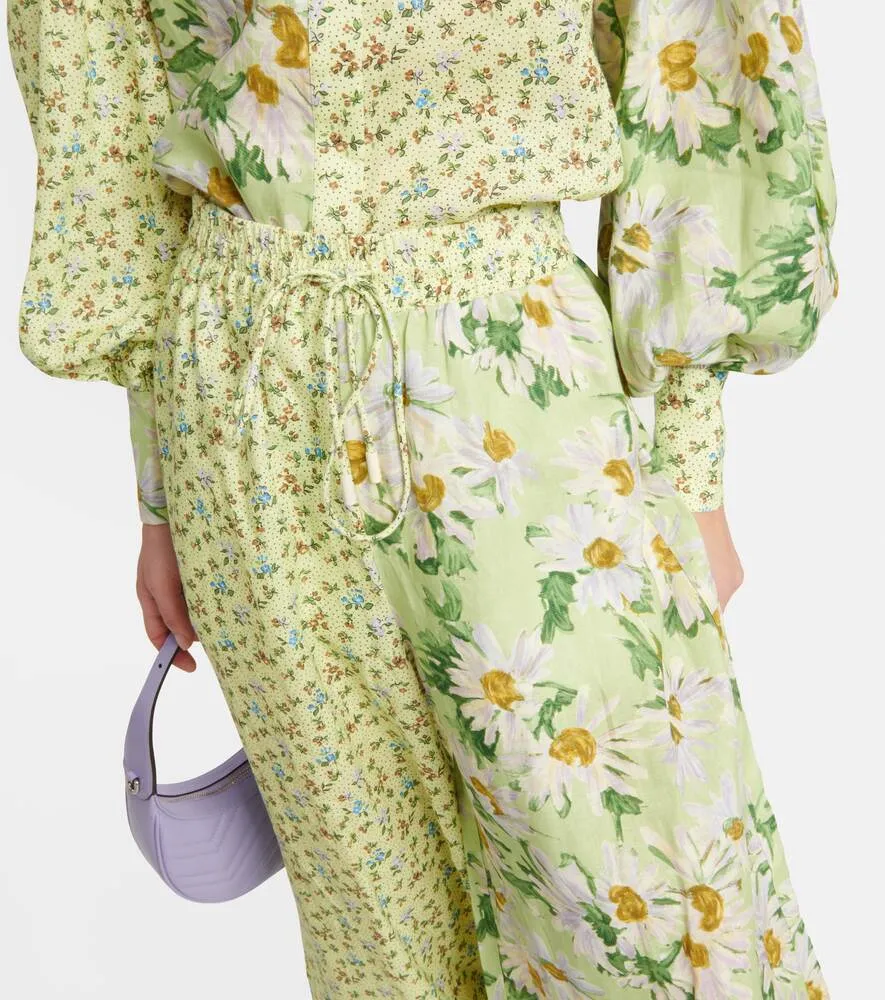 ALÉMAIS Wide Leg Floral Linen Pants, Green