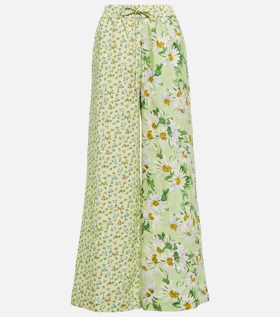 ALÉMAIS Wide Leg Floral Linen Pants, Green