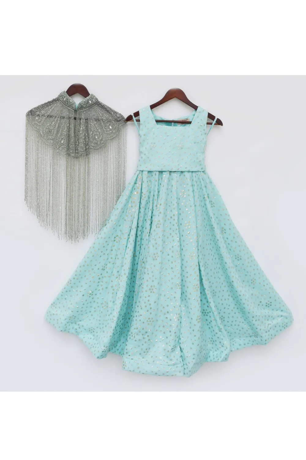 Aqua Blue Sleeveless Top And Palazzo With Cut Dana Embroidered Cape Set