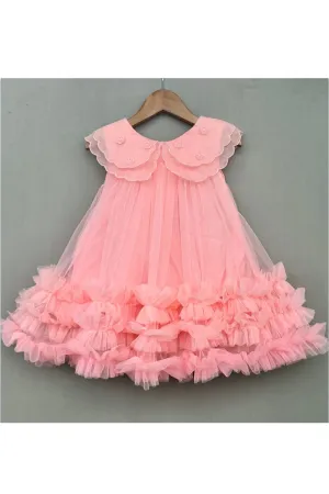 Baby Pink Organza Embroidered Cape Collar Dress