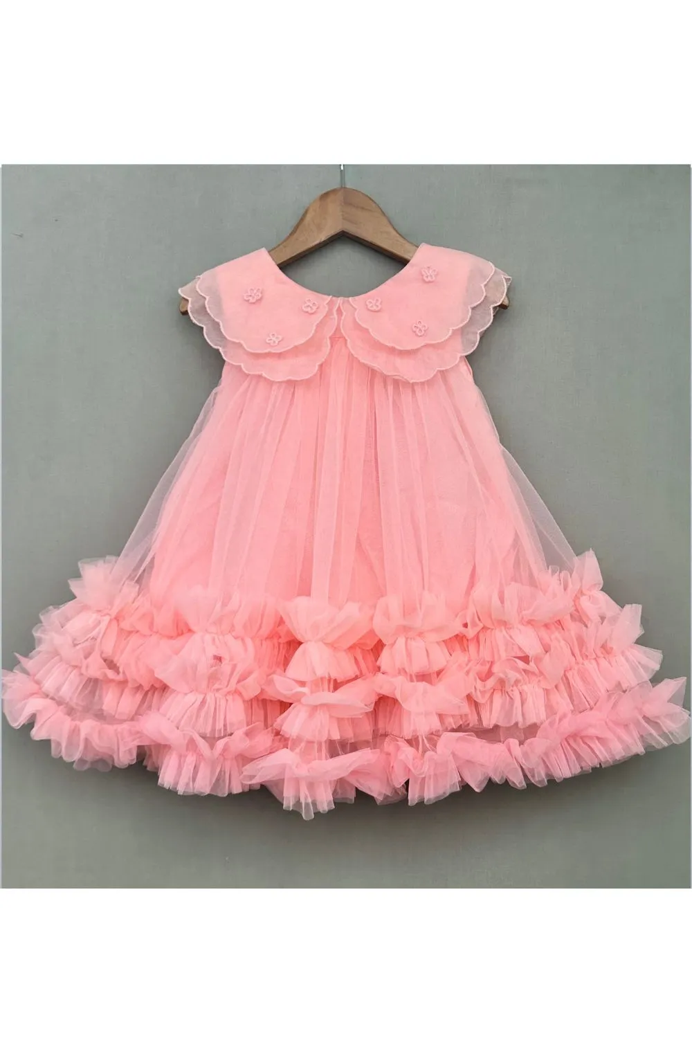 Baby Pink Organza Embroidered Cape Collar Dress