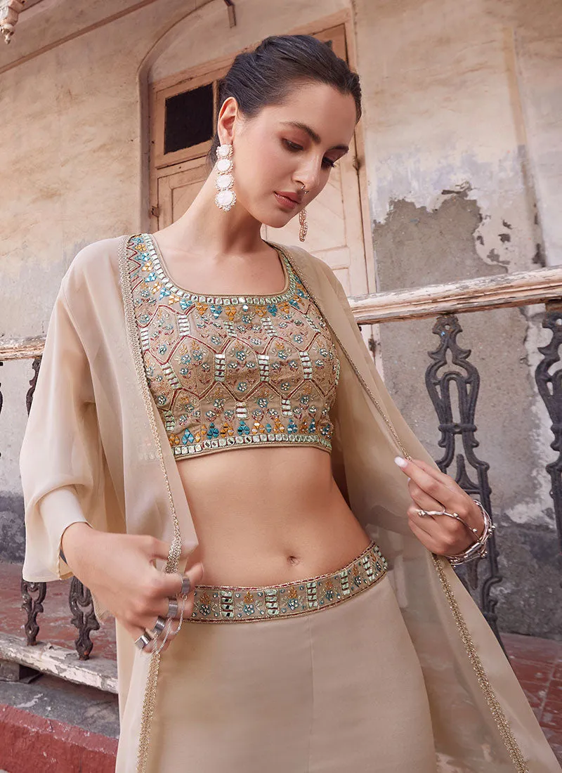 Beige Multi Embroidered Cape Style Co-Ord Sharara Set