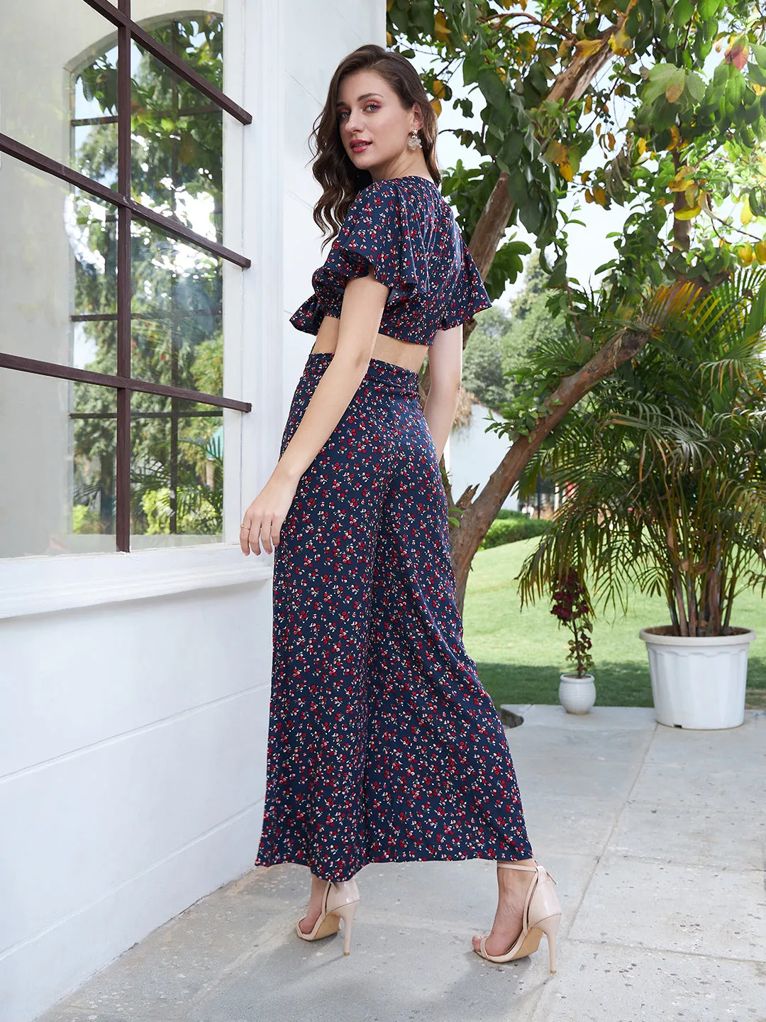 Berrylush Women Navy Blue & Red Ditsy Floral Printed V-Neck Front Tie-Up Butterfly Sleeve Cropped Top & Wide-Leg Pants Co-Ord Set