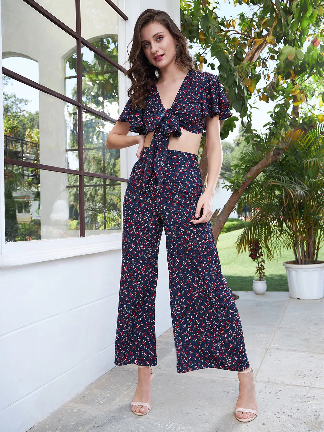 Berrylush Women Navy Blue & Red Ditsy Floral Printed V-Neck Front Tie-Up Butterfly Sleeve Cropped Top & Wide-Leg Pants Co-Ord Set