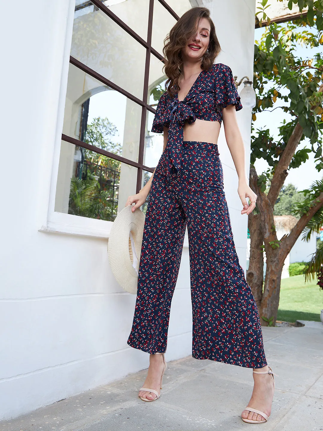 Berrylush Women Navy Blue & Red Ditsy Floral Printed V-Neck Front Tie-Up Butterfly Sleeve Cropped Top & Wide-Leg Pants Co-Ord Set