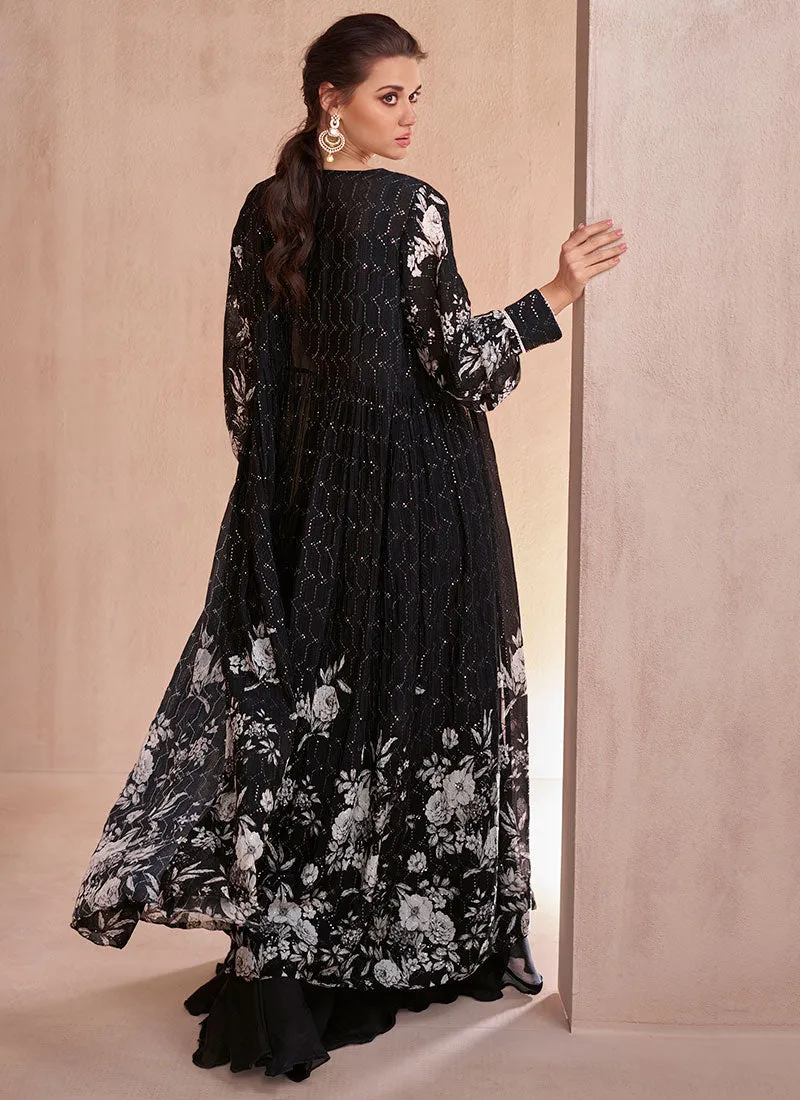 Black And White Sequence Embroidery Cape Style Palazzo