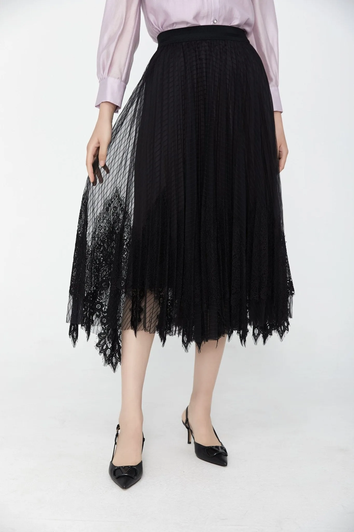 Black Elastic Waist Tulle Lace Midi Skirt