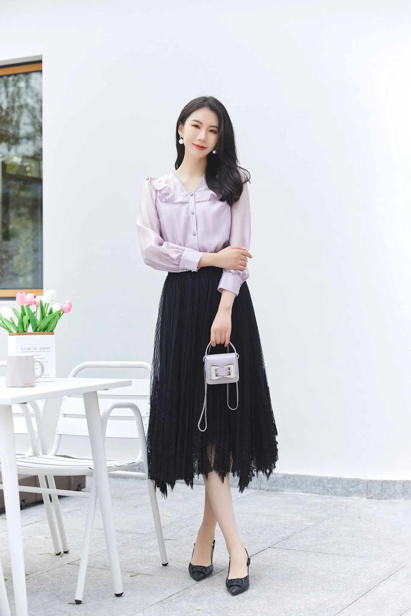 Black Elastic Waist Tulle Lace Midi Skirt