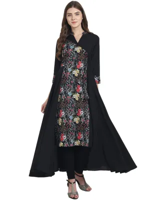 Black Printed 3/4Th Sleeve Crepe Cape Style Anarkali Kurta