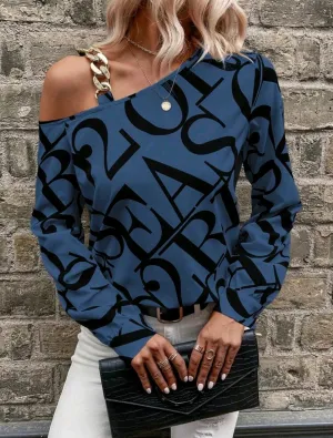 Blue Letter Print Chain Accent Asymmetric Blouse