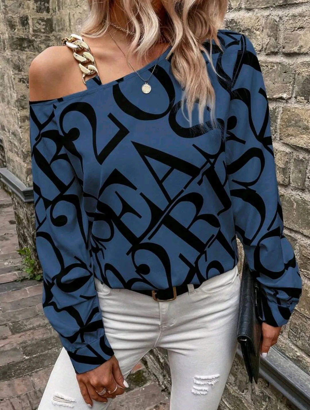 Blue Letter Print Chain Accent Asymmetric Blouse