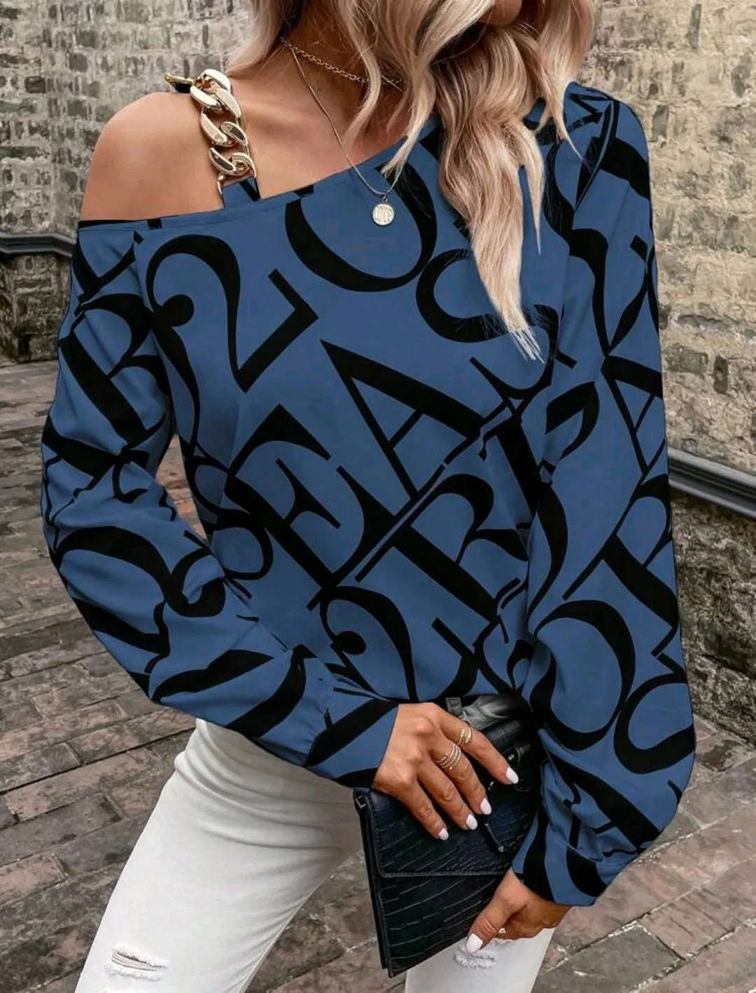 Blue Letter Print Chain Accent Asymmetric Blouse