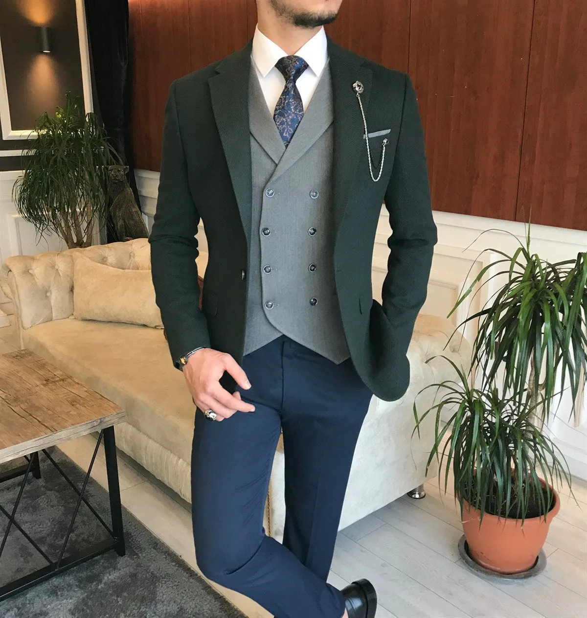 Bojoni Green Slim-Fit Suit 3-Piece