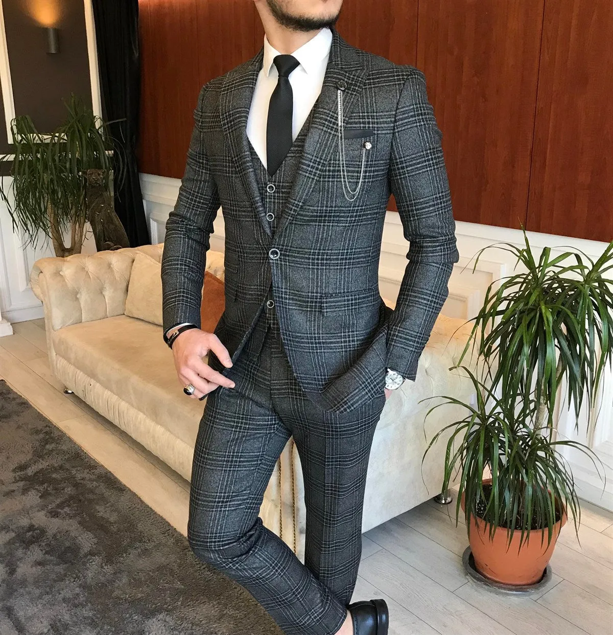 Bojoni Grey Plaid Slim-Fit Suit 3-Piece