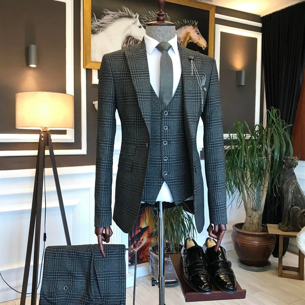 Bojoni Grey Plaid Slim-Fit Suit 3-Piece