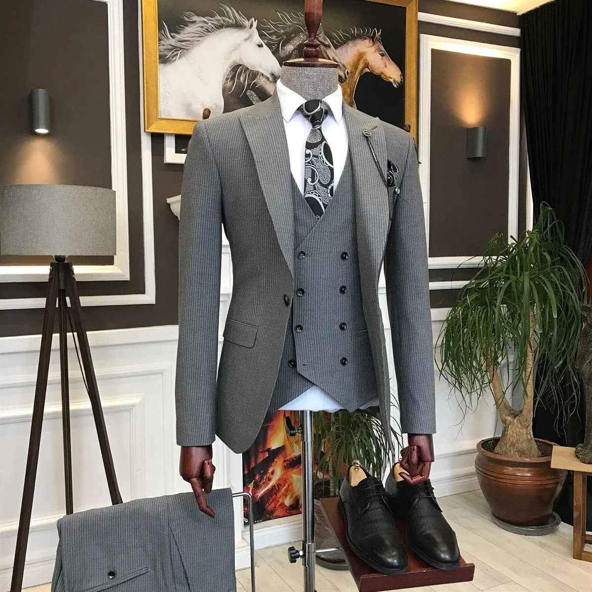 Bojoni Grey Striped Slim-Fit Suit 3-Piece