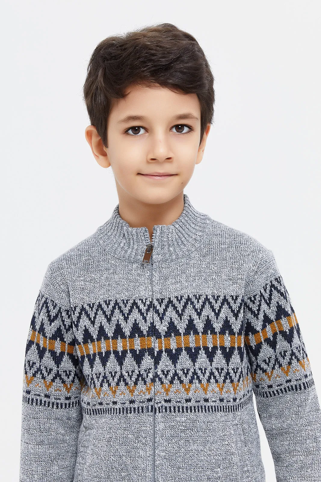 Boys Grey High Neck Knitted Cardigan