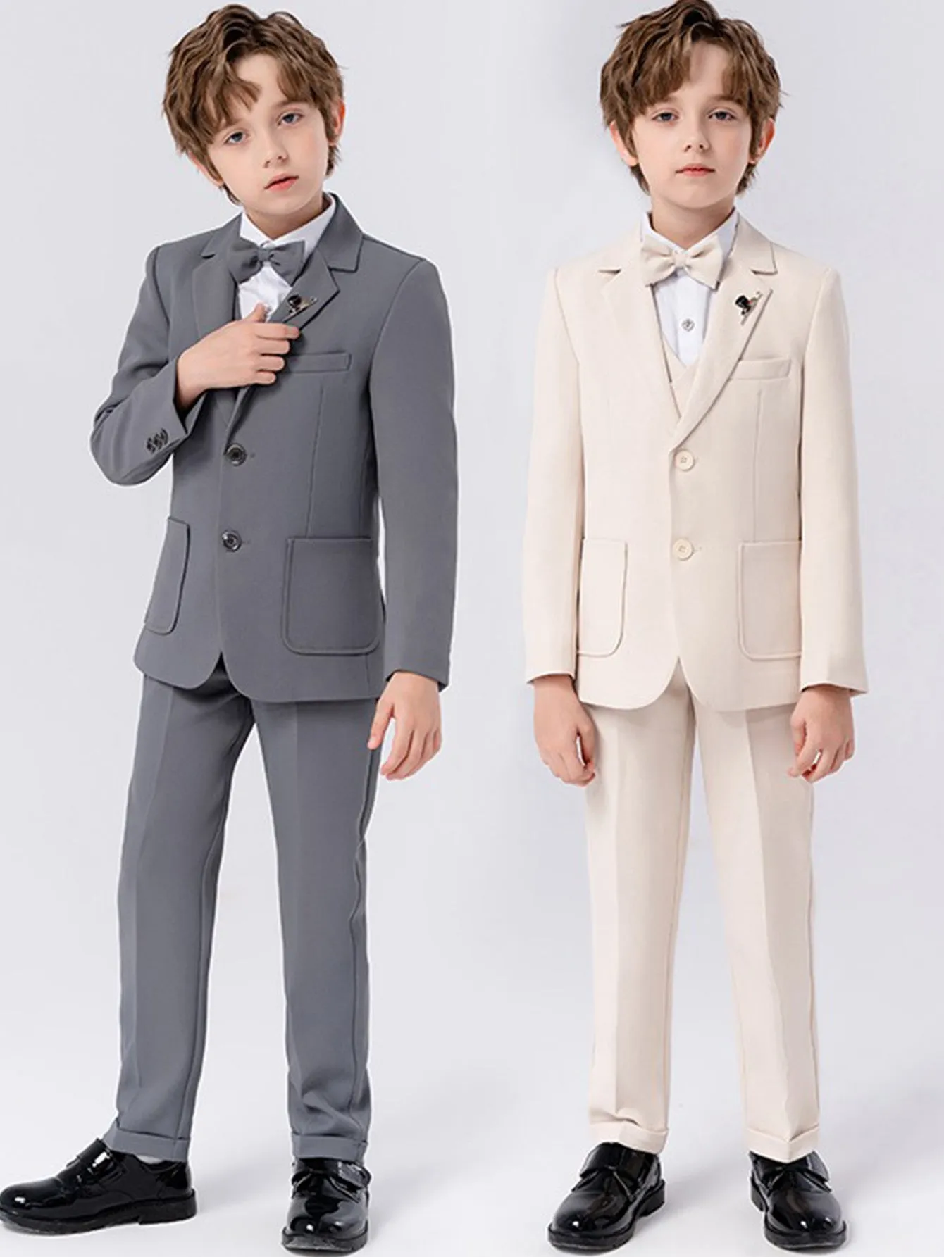 Boys solid color suit (shirt   jacket   vest   pants   bow tie   brooch)