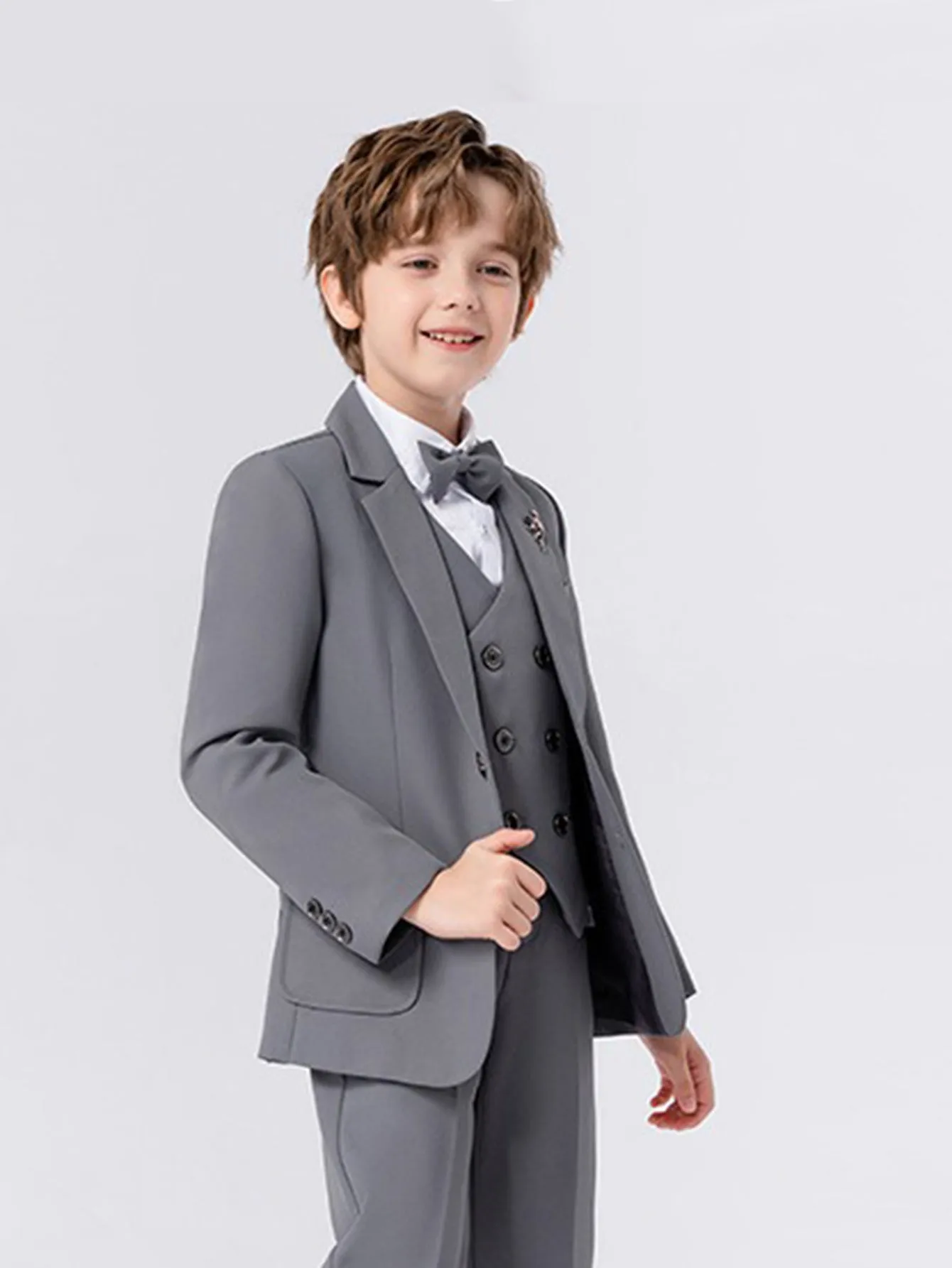 Boys solid color suit (shirt   jacket   vest   pants   bow tie   brooch)