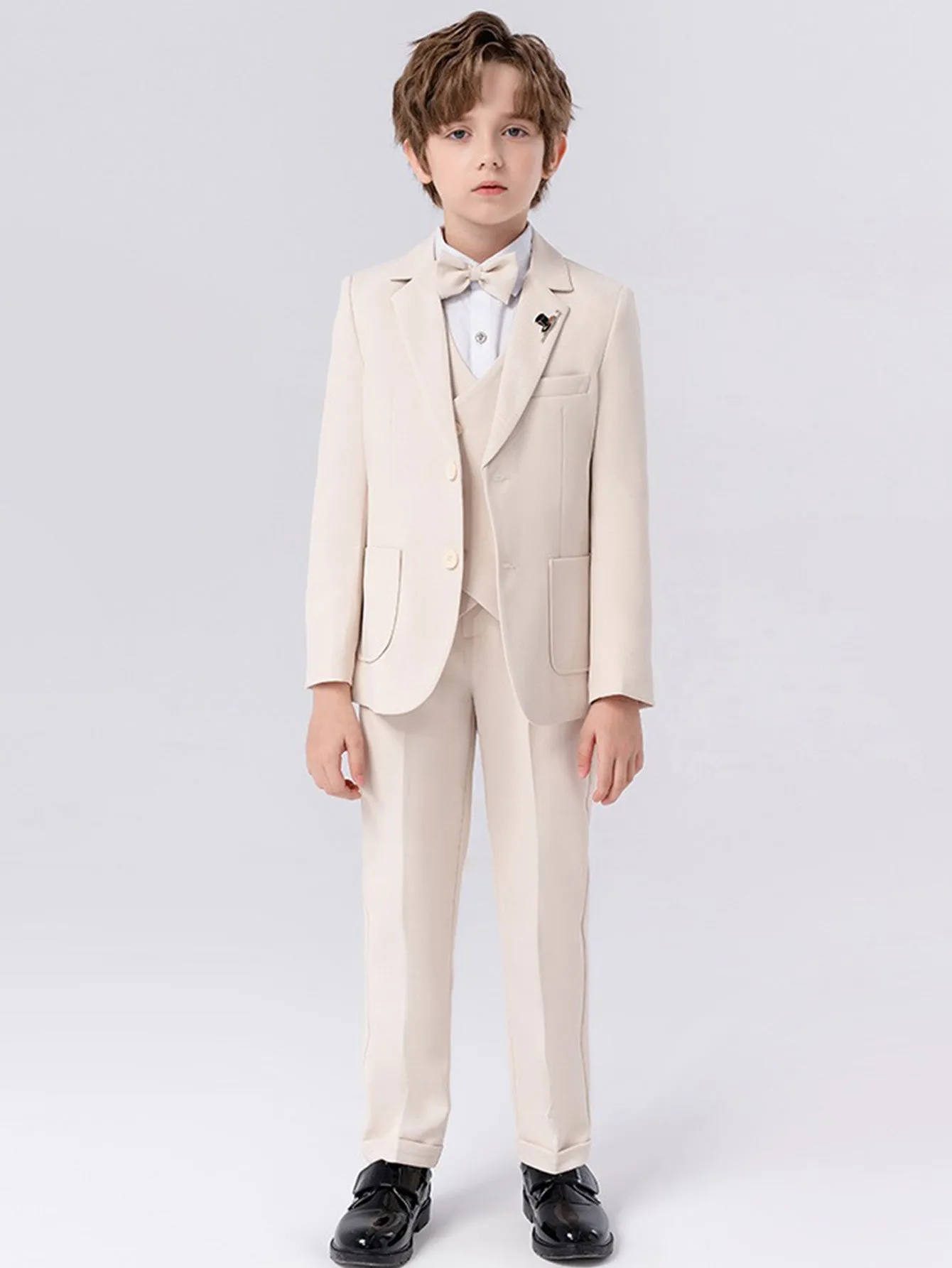 Boys solid color suit (shirt   jacket   vest   pants   bow tie   brooch)