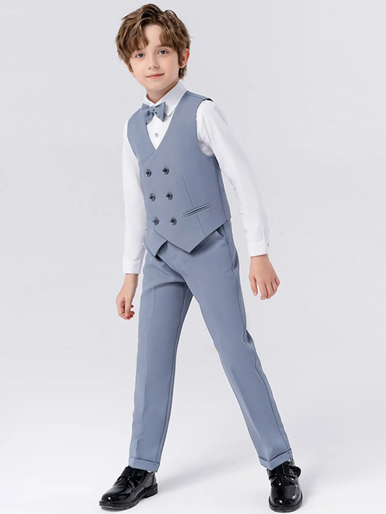 Boys solid color suit (shirt   jacket   vest   pants   bow tie   brooch)