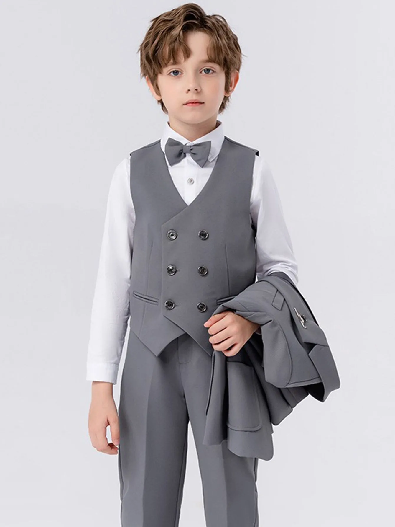 Boys solid color suit (shirt   jacket   vest   pants   bow tie   brooch)