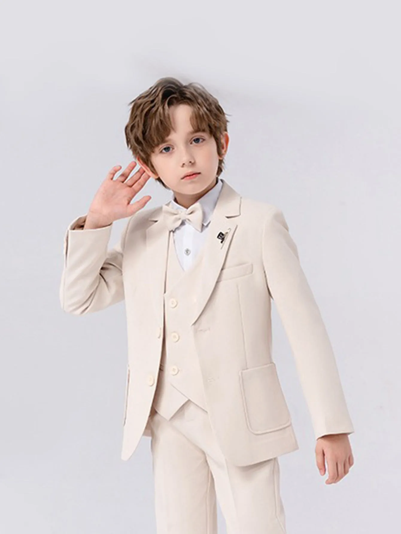 Boys solid color suit (shirt   jacket   vest   pants   bow tie   brooch)