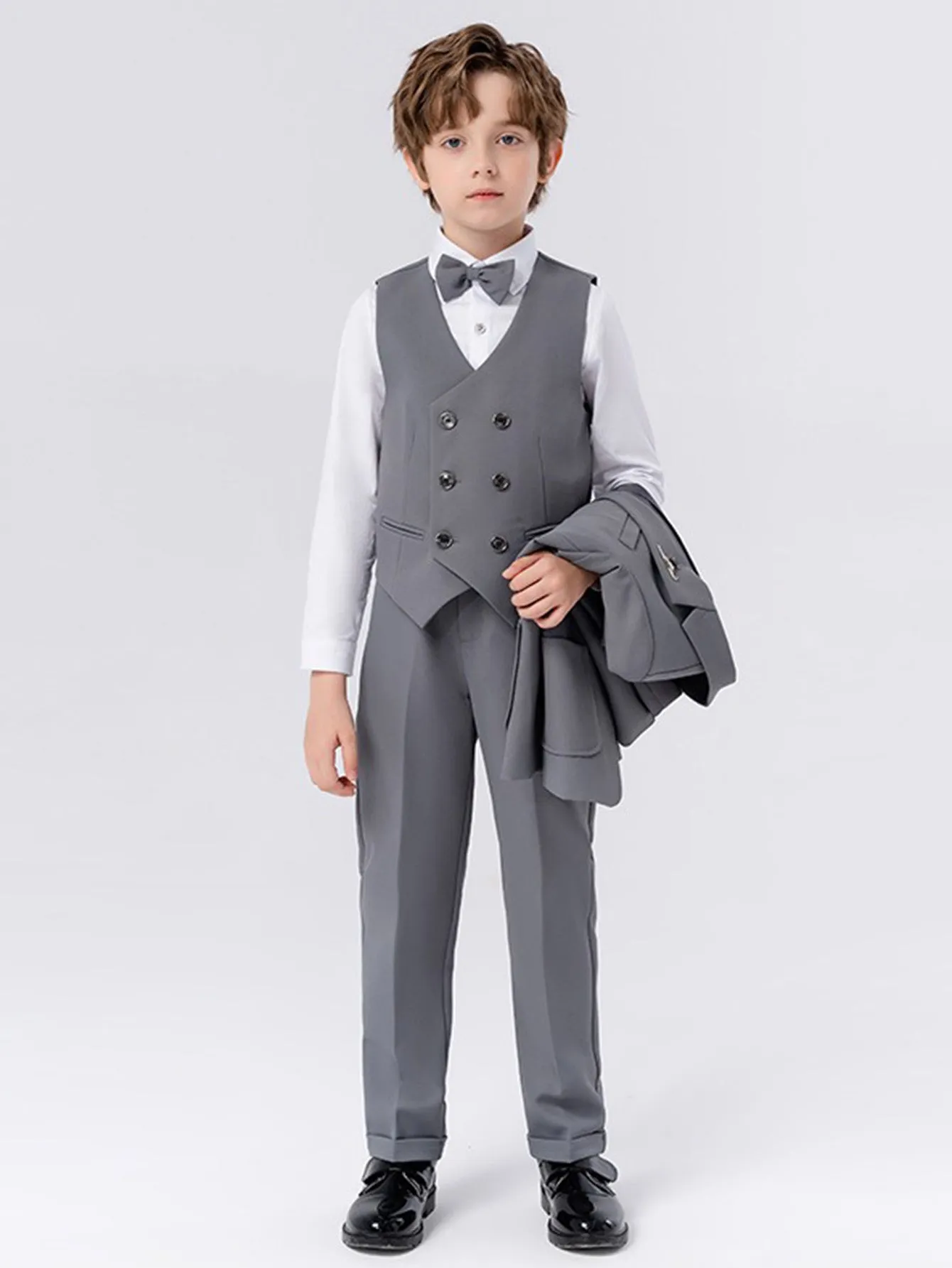 Boys solid color suit (shirt   jacket   vest   pants   bow tie   brooch)