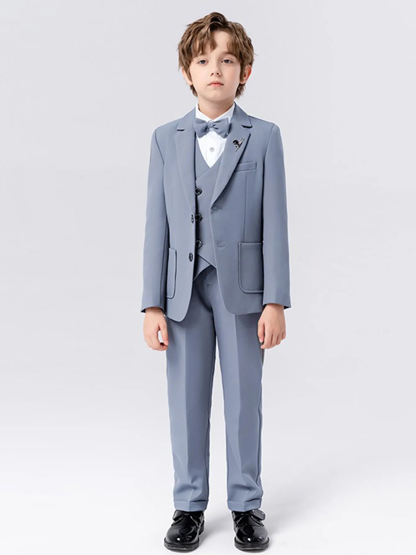 Boys solid color suit (shirt   jacket   vest   pants   bow tie   brooch)