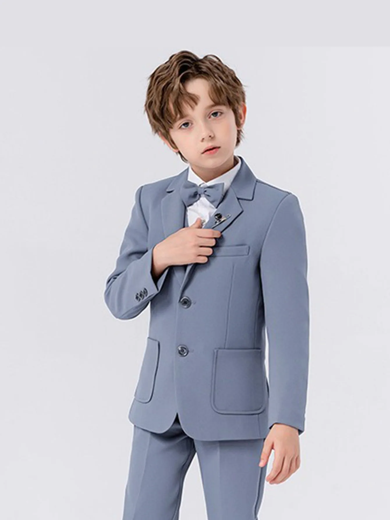 Boys solid color suit (shirt   jacket   vest   pants   bow tie   brooch)