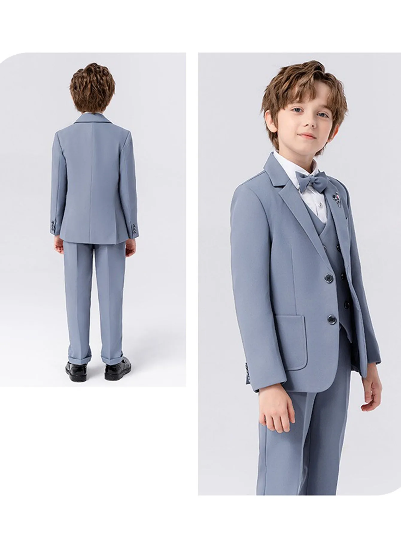 Boys solid color suit (shirt   jacket   vest   pants   bow tie   brooch)