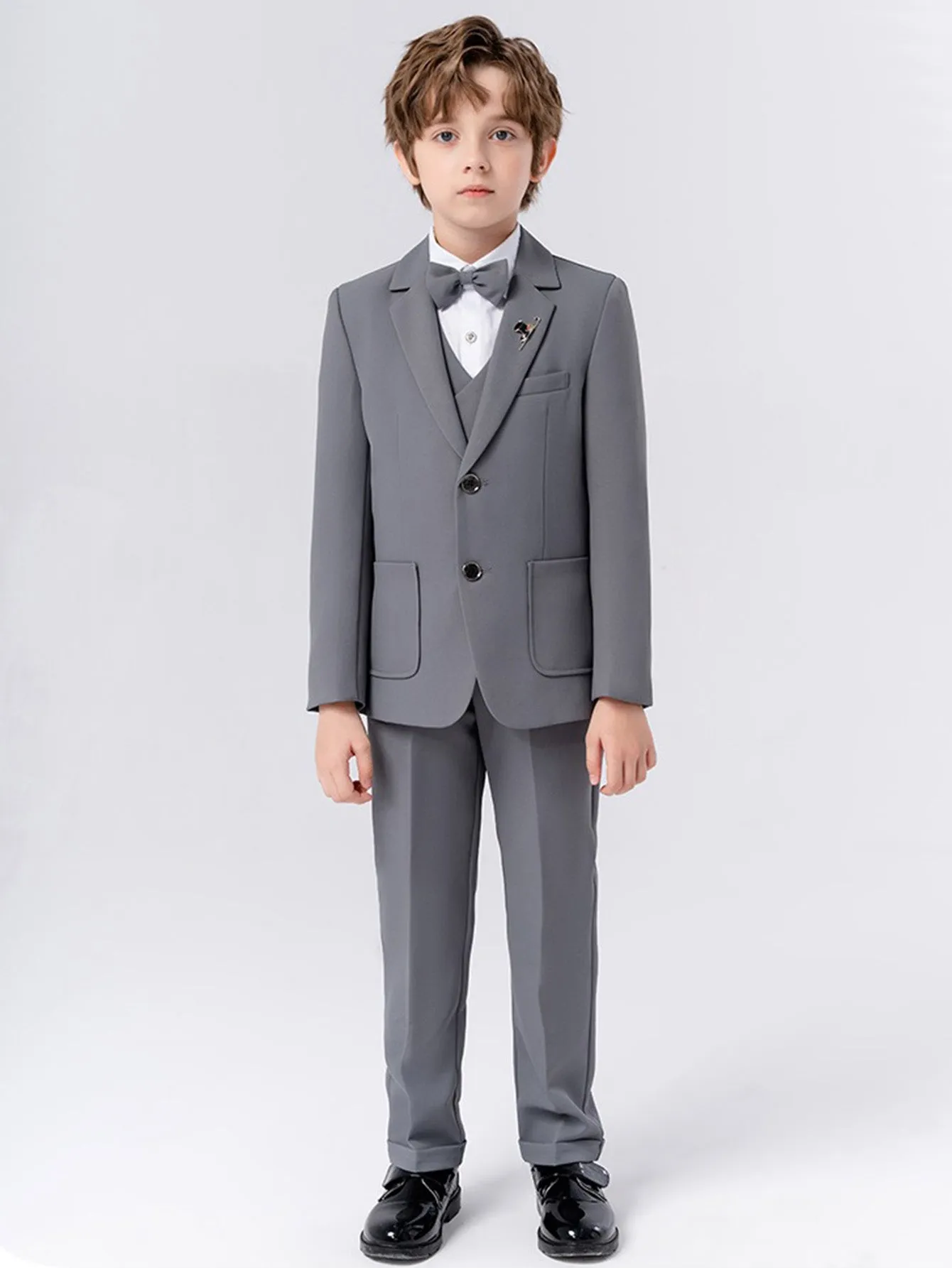 Boys solid color suit (shirt   jacket   vest   pants   bow tie   brooch)