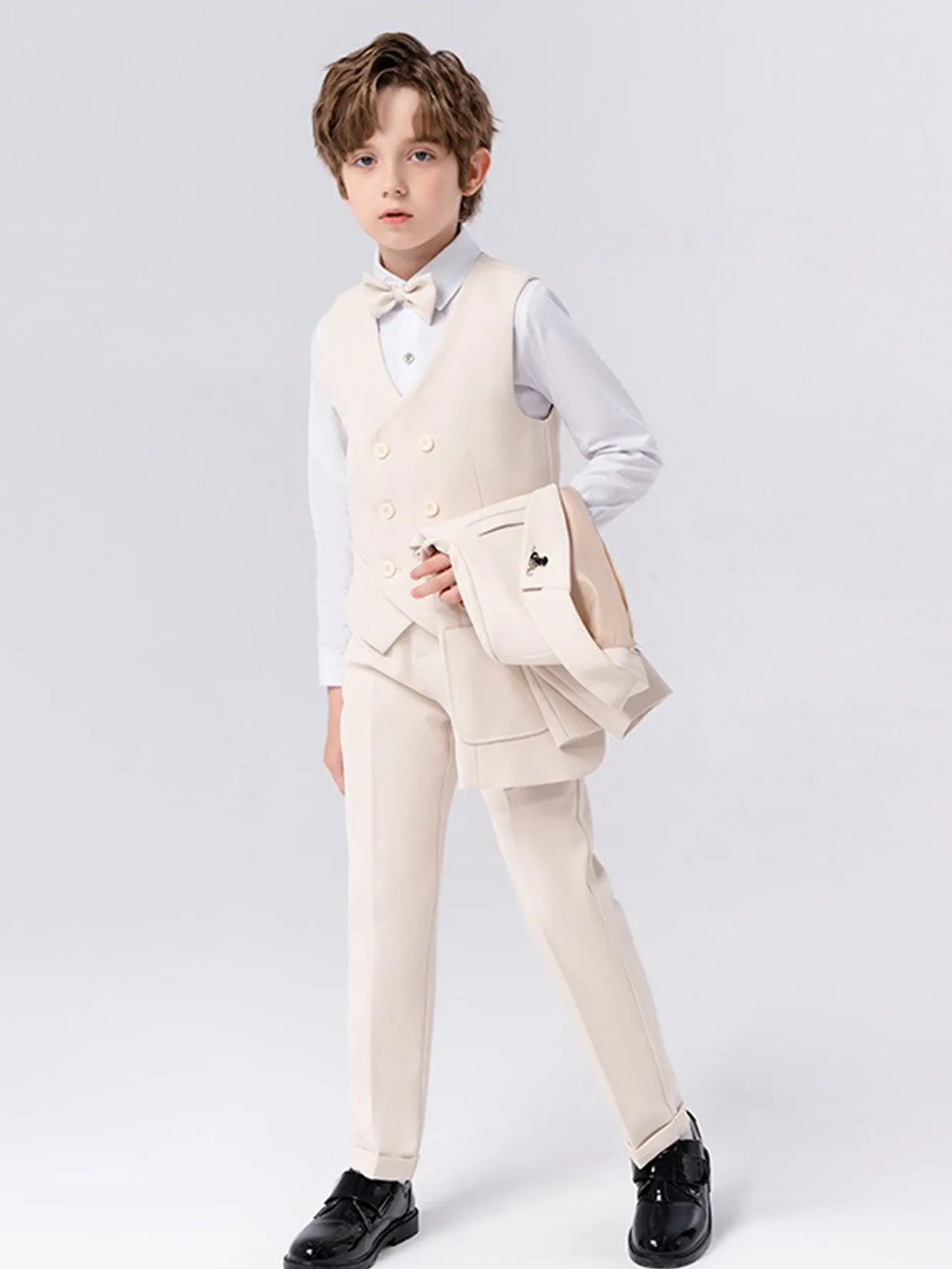 Boys solid color suit (shirt   jacket   vest   pants   bow tie   brooch)