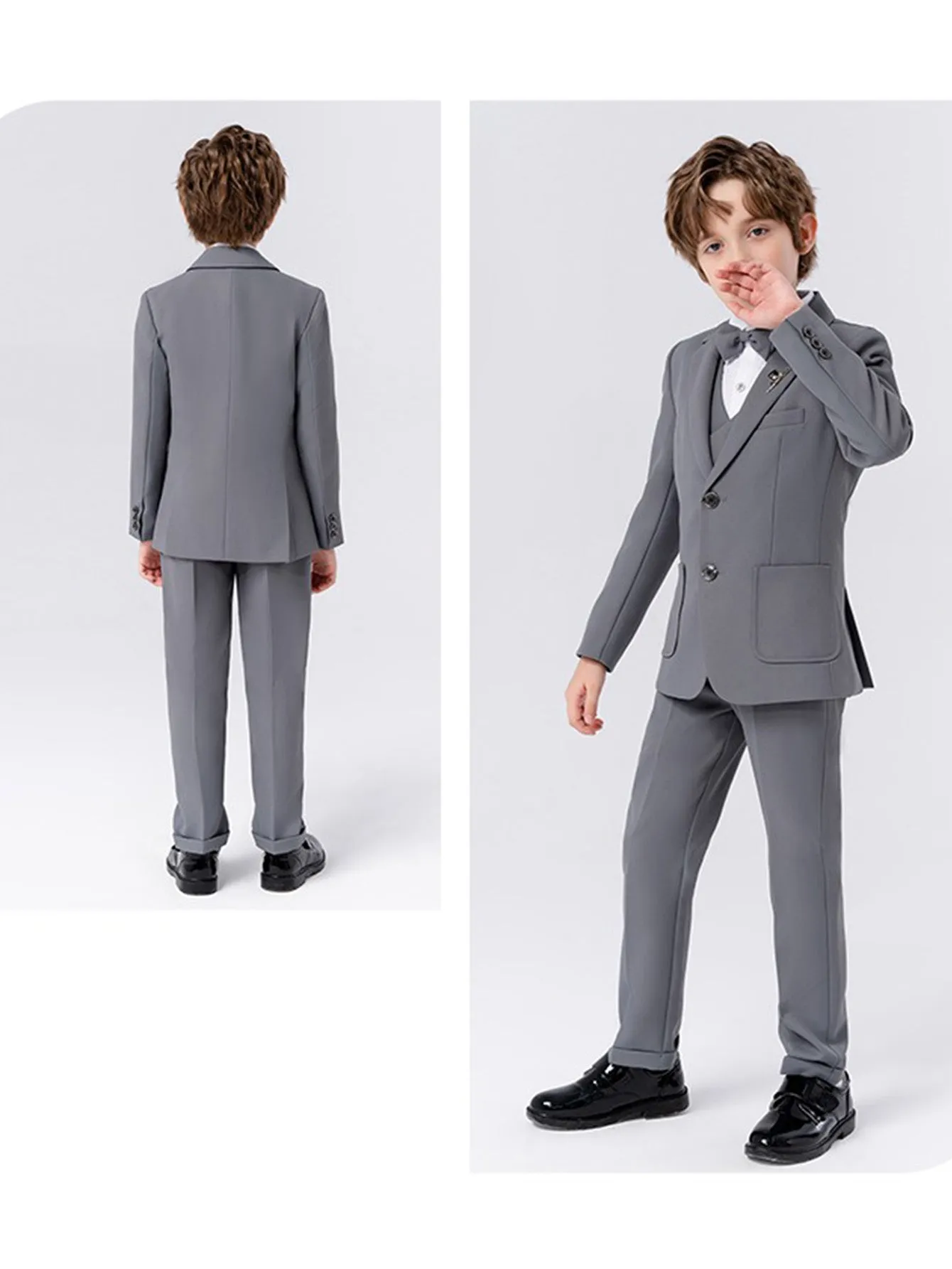 Boys solid color suit (shirt   jacket   vest   pants   bow tie   brooch)