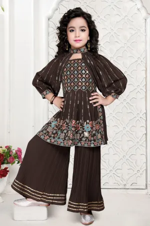 Brown Multicolor Embroidery and Sequins work Peplum Top and Sharara Set for Girls