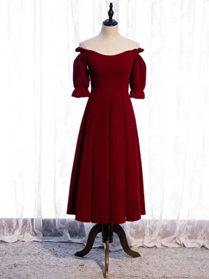 Burgundy Velvet Off the Shoulder Short Sleeve Tea Length Prom Dress