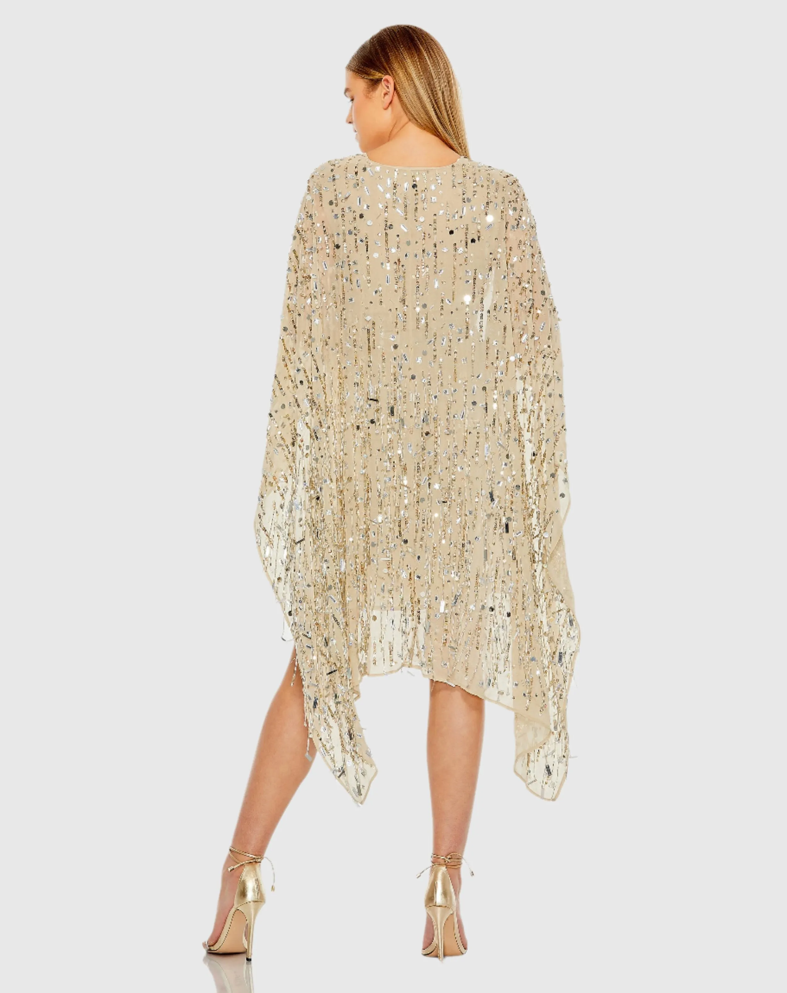 Cape Back Fringe Beaded Robe Dress