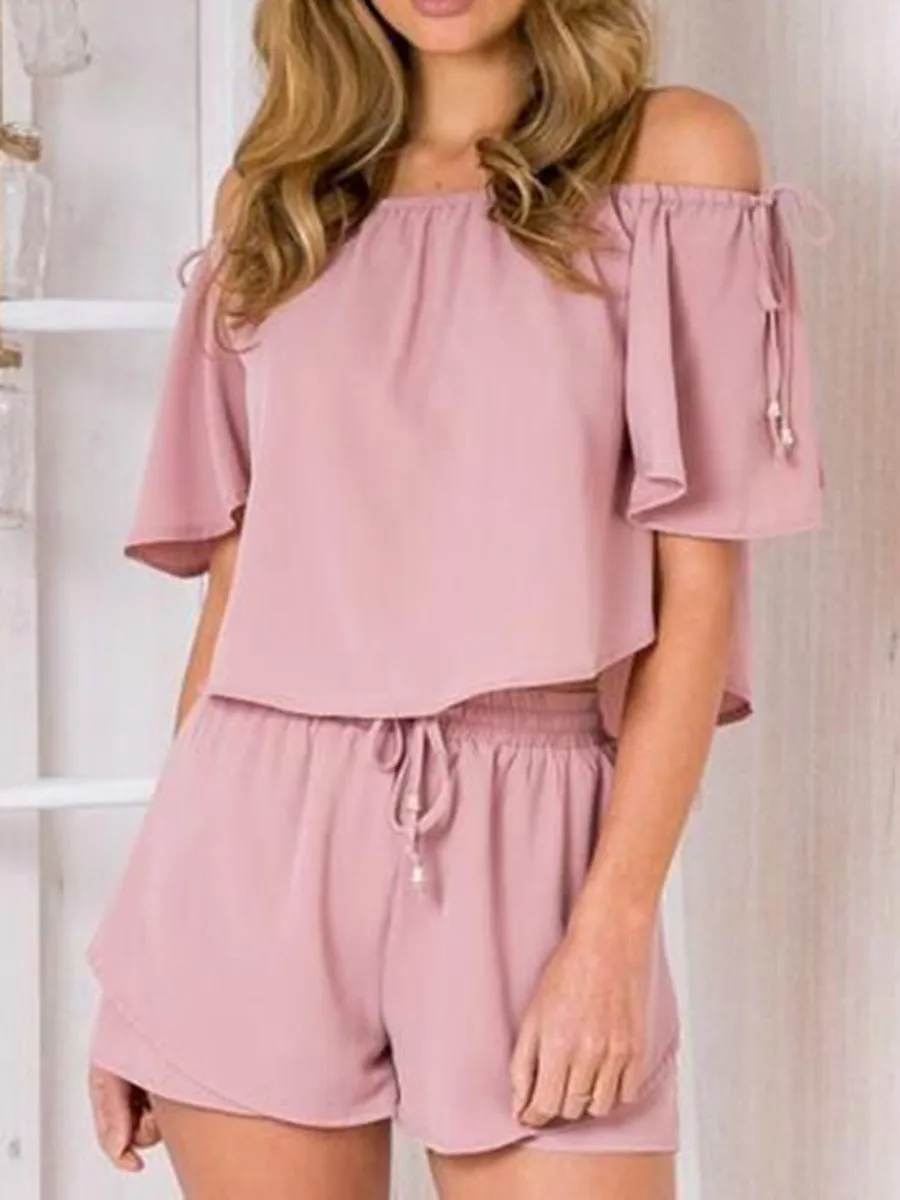 Casual Short Sleeve Solid Color Two-piece Suit