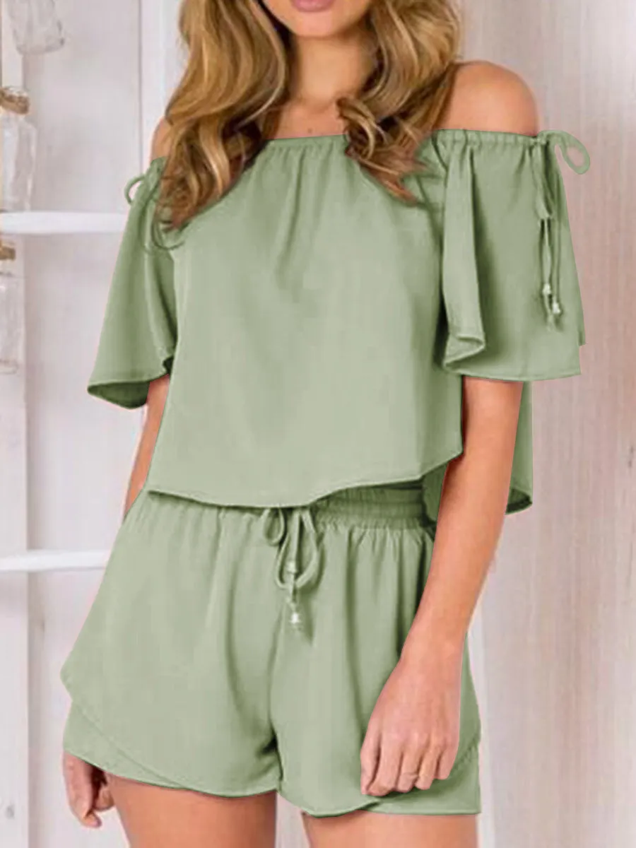 Casual Short Sleeve Solid Color Two-piece Suit