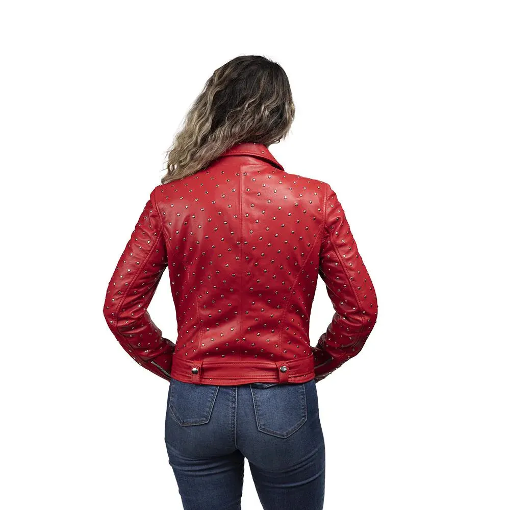 Claudia Womens Fashion Leather Jacket Fire Red