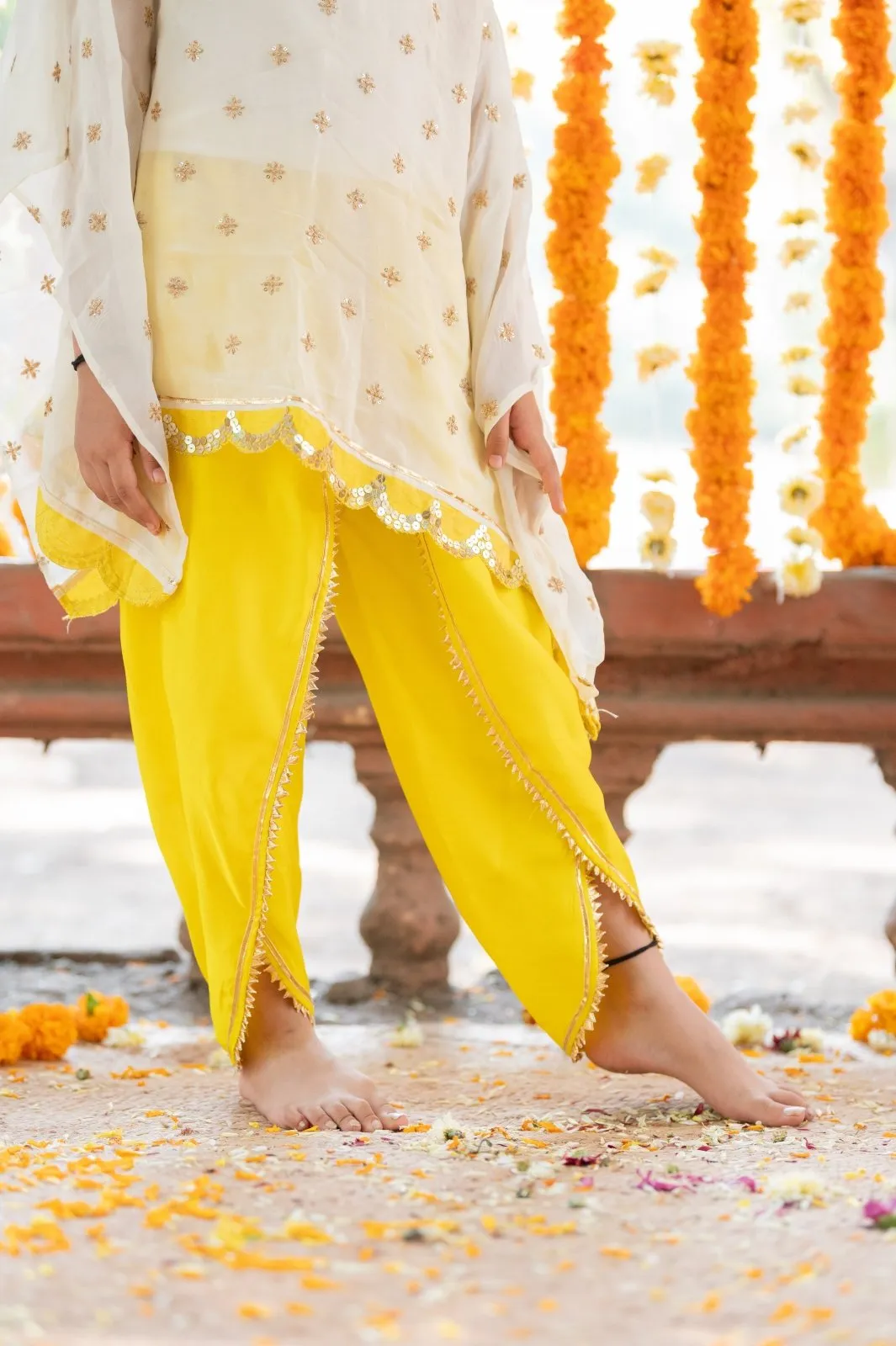 Crop Top With Sequins Embroidered Cape And yellow satin Dhoti