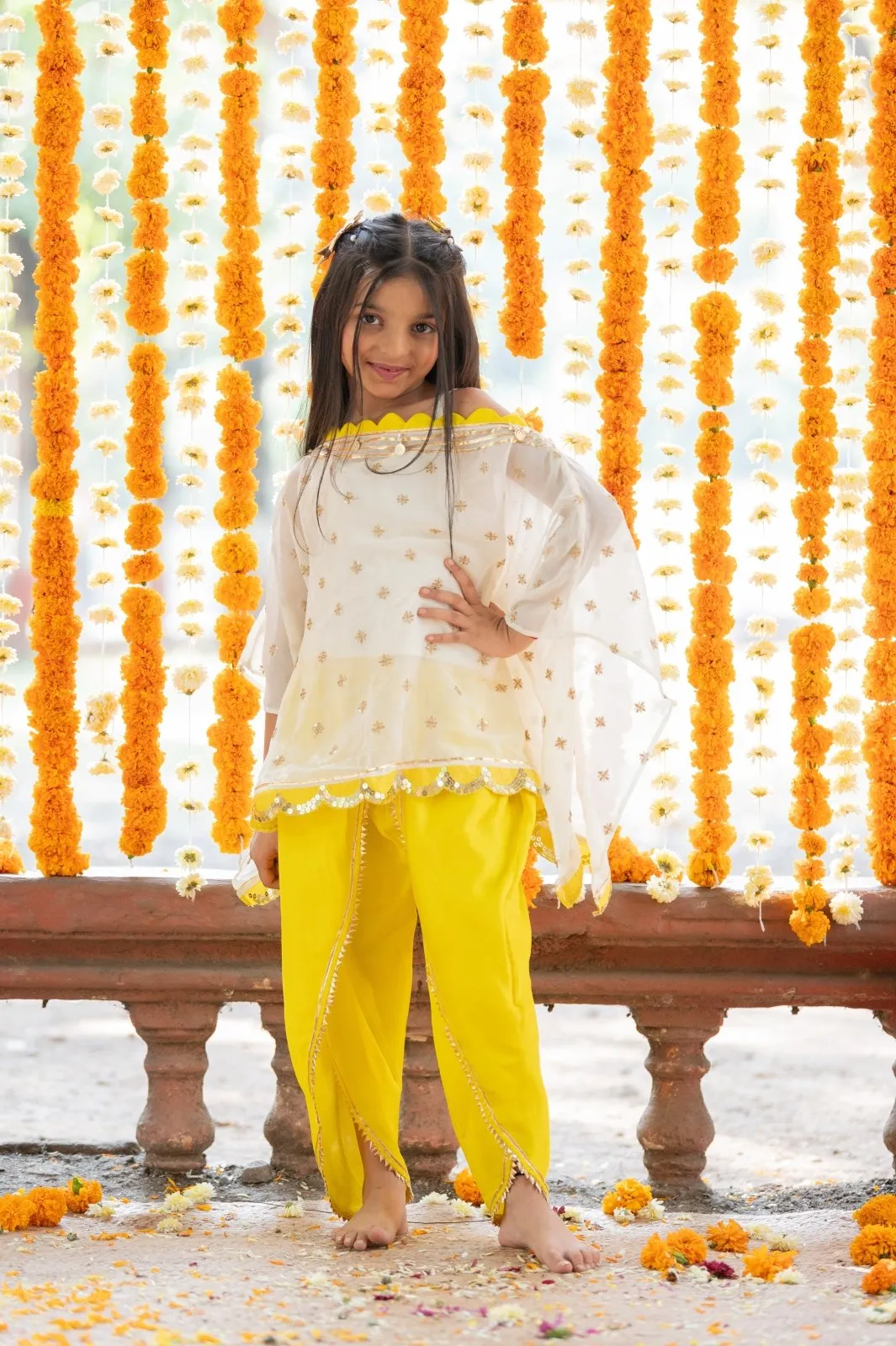 Crop Top With Sequins Embroidered Cape And yellow satin Dhoti