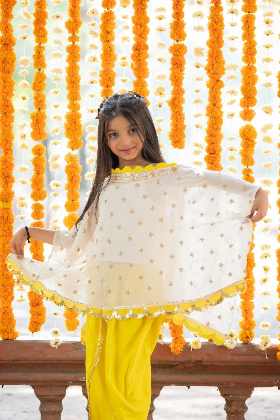 Crop Top With Sequins Embroidered Cape And yellow satin Dhoti