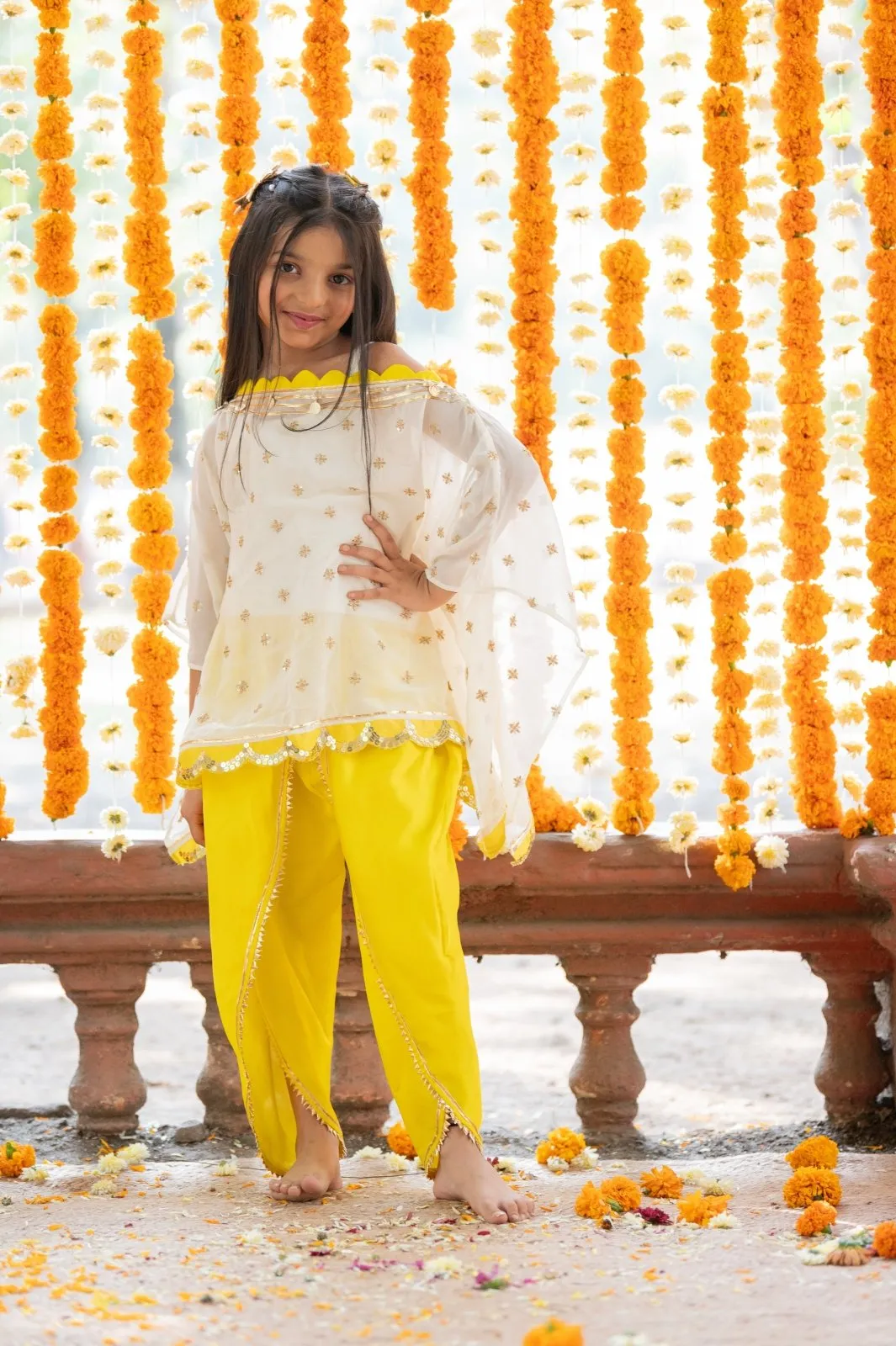 Crop Top With Sequins Embroidered Cape And yellow satin Dhoti