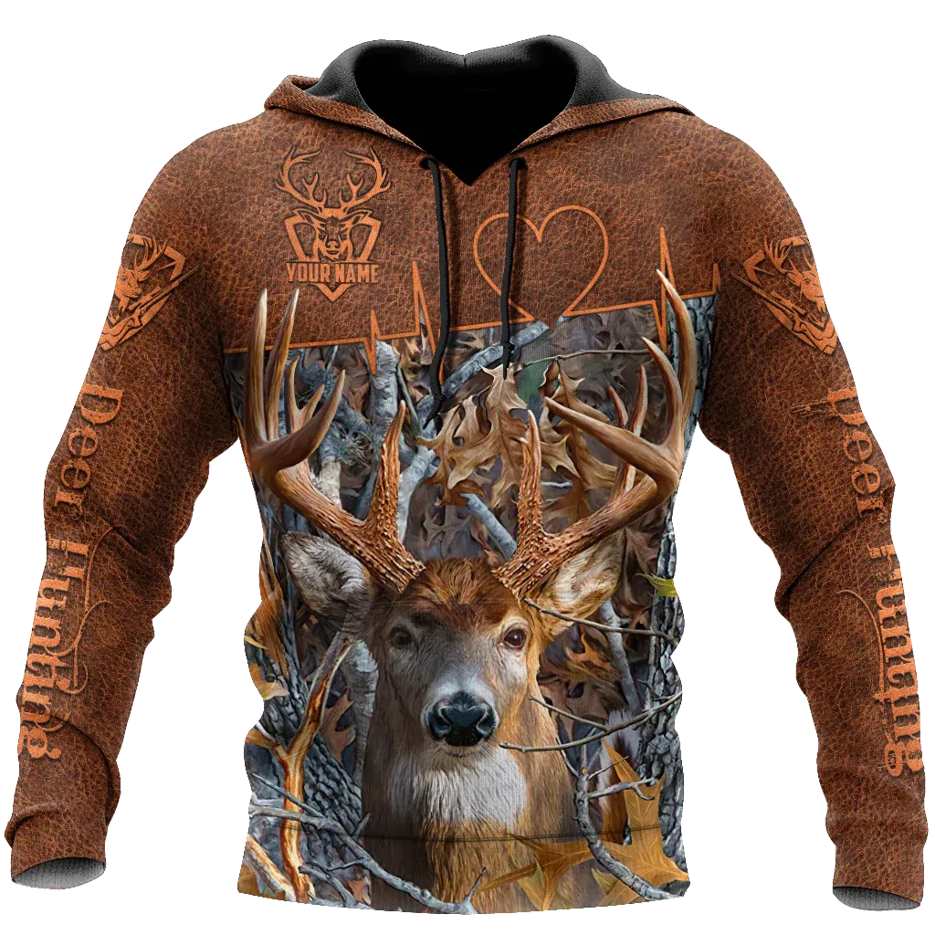 Custom Deer Hunting Hoodie With Name, 3D Full Print Deer Hunting Brown Leather Pattern Hunter Hoodies