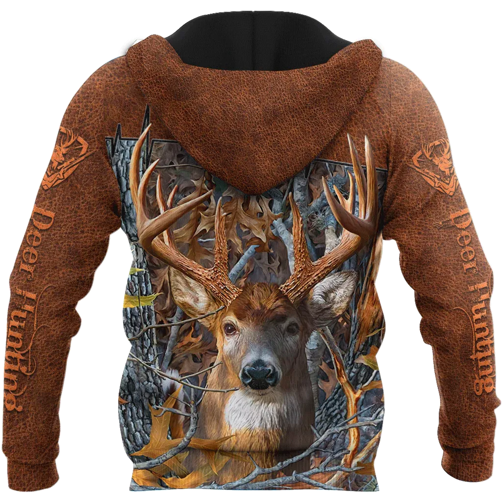 Custom Deer Hunting Hoodie With Name, 3D Full Print Deer Hunting Brown Leather Pattern Hunter Hoodies