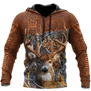 Custom Deer Hunting Hoodie With Name, 3D Full Print Deer Hunting Brown Leather Pattern Hunter Hoodies