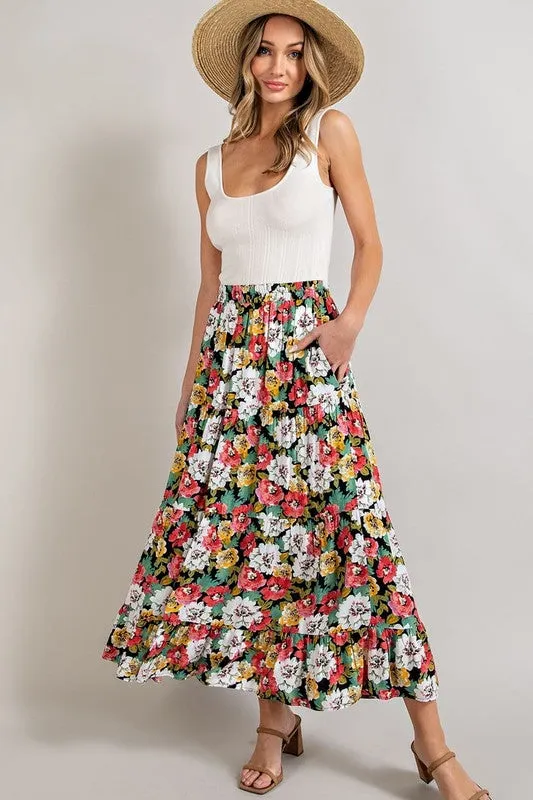 Eesome Tiered Floral Ankle Skirt - Black