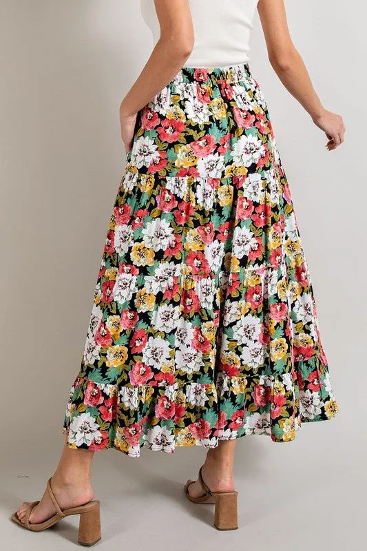 Eesome Tiered Floral Ankle Skirt - Black