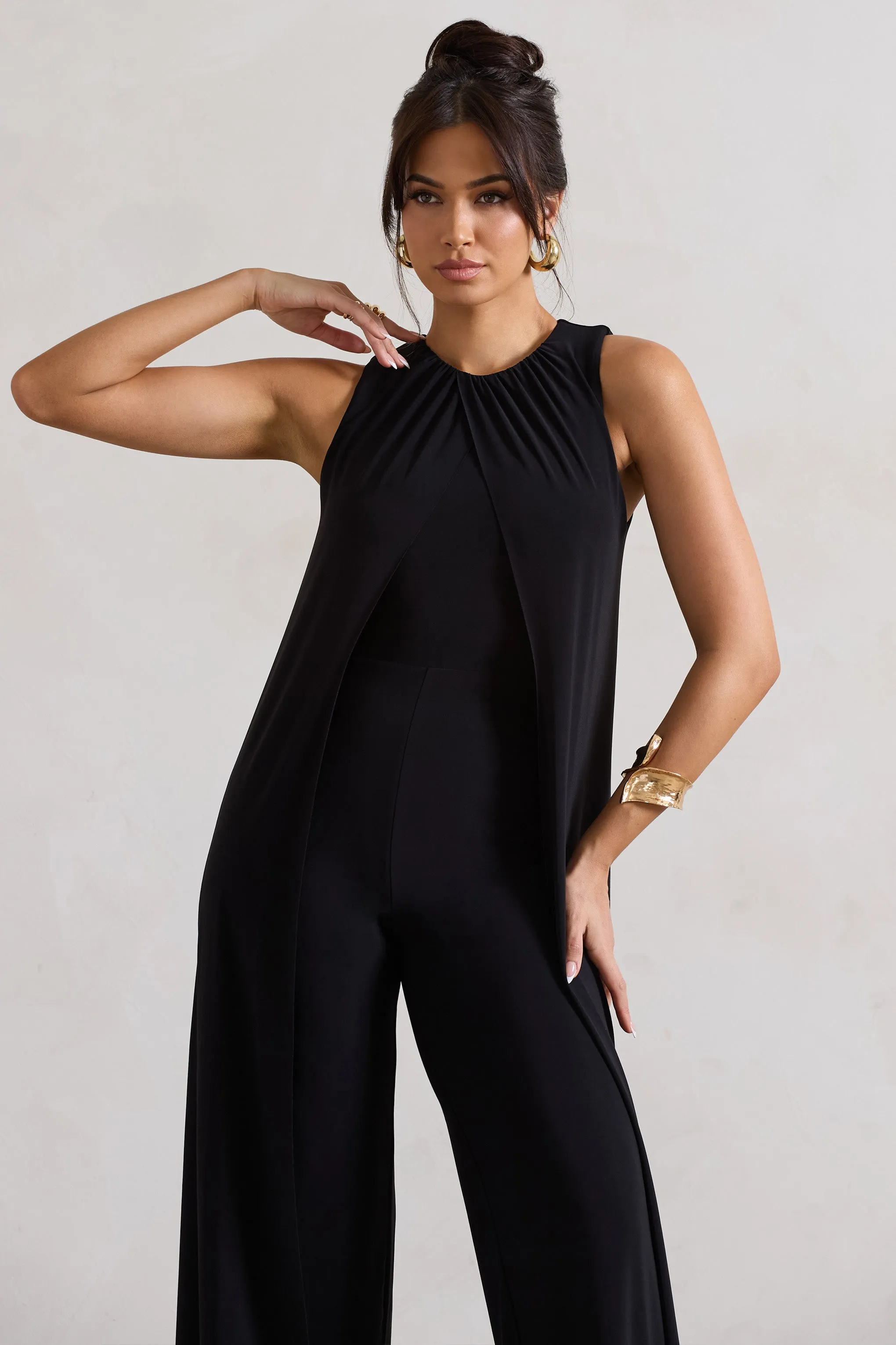 Essence | Black High-Neck Wide-Leg Jumpsuit With Cape